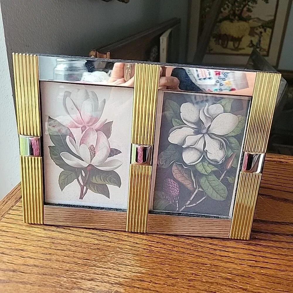 Vtg 2 Tone Gold and Silver Double photo frame holds 2- 3.5x5 photos MCM Art Deco
